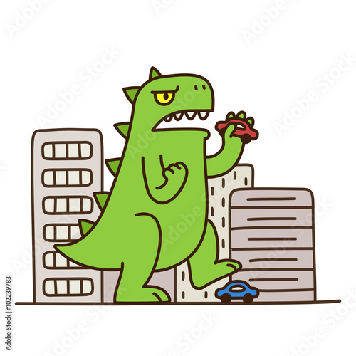 Cartoon monster destroying city