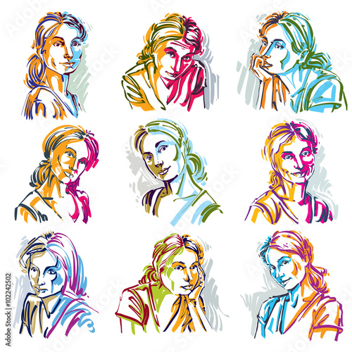 Attractive ladies vector portraits collection, silhouettes 