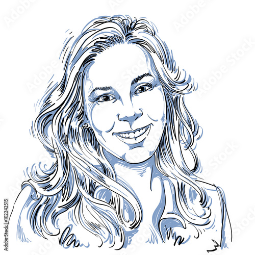 Hand-drawn vector illustration of beautiful smiling woman. 