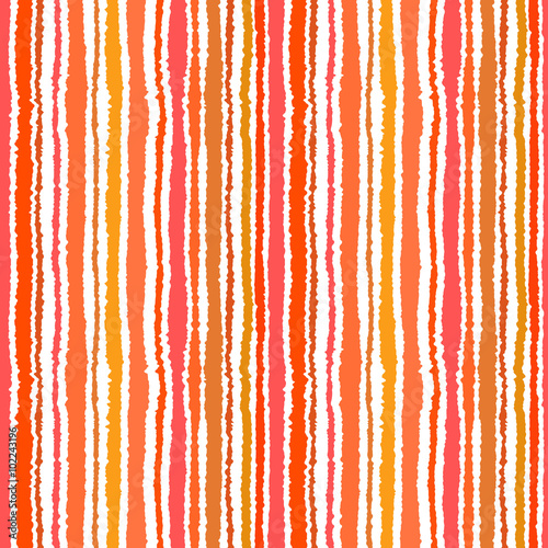 Seamless strip pattern. Vertical lines with torn paper effect. Shred edge background. Summer, warm, yellow, orange, red, tropical colors. Vector illustration