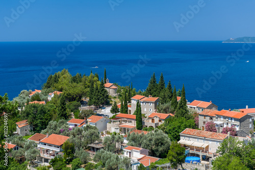Traditional architecture village on the hill and Adriatic sea view. Bar, Montenegro. © AlexanderNikiforov