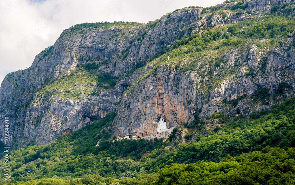 Mountain landscape with Ostrog monastery. One of the most popular touristic spots in Montenegro.