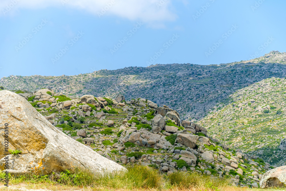 Wild, rocky landscape on the island of Tinos, Greece.