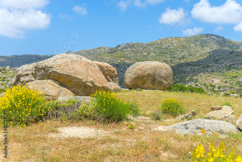 Wild, rocky landscape on the island of Tinos, Greece.