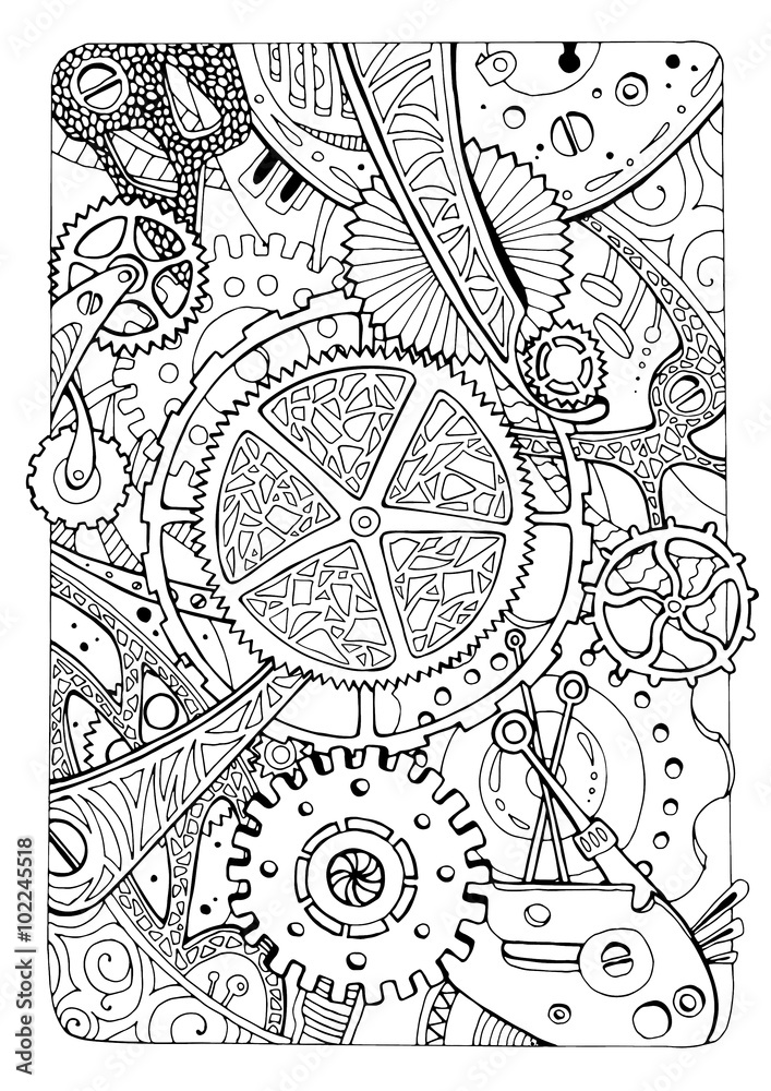 coloring page with mechanical elements and gears Stock Illustration