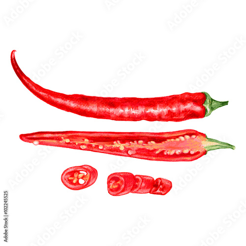 Fresh red chili pepper, cut into slices, half chili pepper isolated on white background