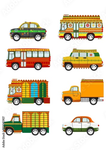 Set of cartoon Indian jingle cars on the white background. 