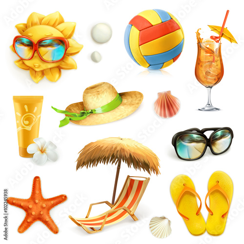 Summer beach, set of vector icons