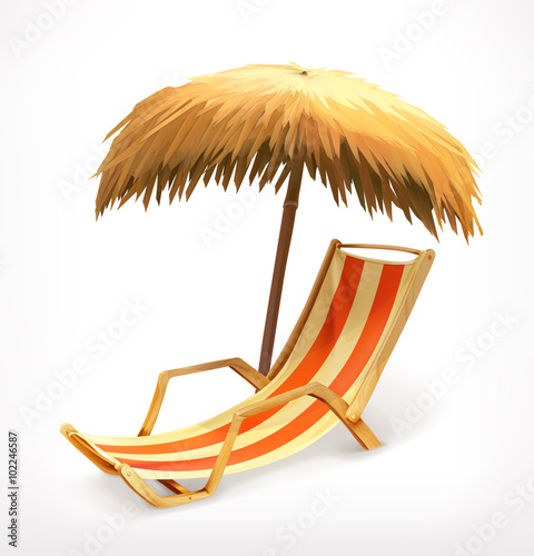 Beach umbrella and lounge chair, vector icon