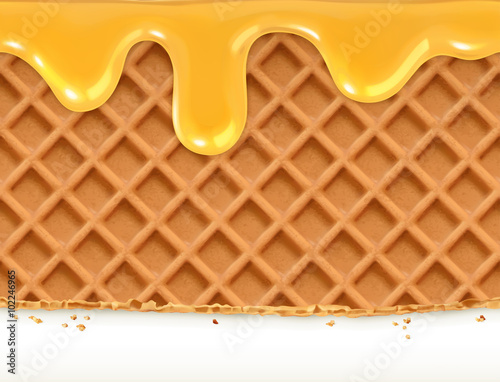Waffles and honey, horizontal seamless vector pattern