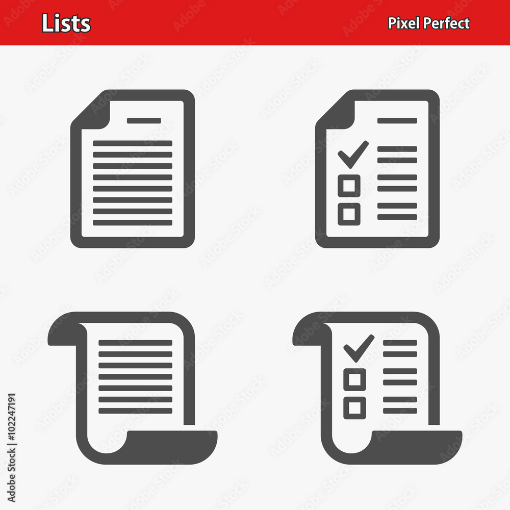 Lists Icons. Professional, pixel perfect icons optimized for both large and small resolutions. EPS 8 format. Lists Icons. Professional, pixel perfect icons optimized for both large and small resolutions. EPS 8 format.