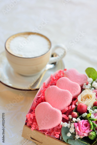 French macaroon heart-shaped Valentine s Day  the box with flowe