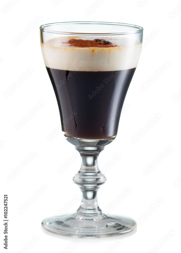Irish coffee in a glass isolated on white