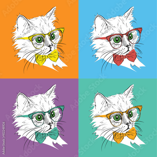 Image Portrait of cat in the cravat and with glasses. Pop art style vector illustration.