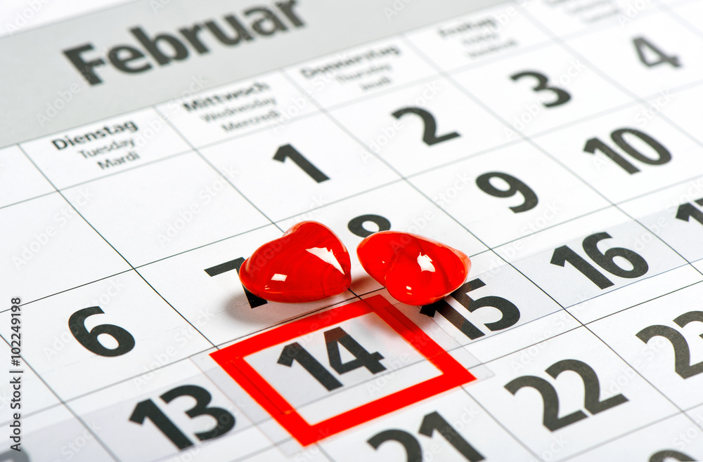 Calendar 14 February Red hearts Valentines day Calendar 14 February Red hearts Valentines day