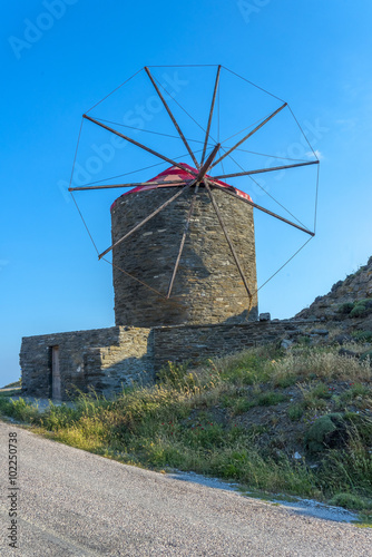 Old windmills at a traditional village on Mykonos Island, Greec