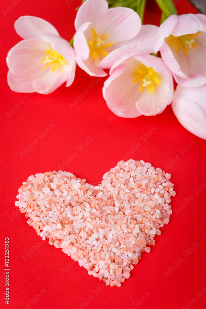 Valentines Day card - heart of small colored pebbles with flowers tulips on red background Valentines Day card - heart of small colored pebbles with flowers tulips on red background
