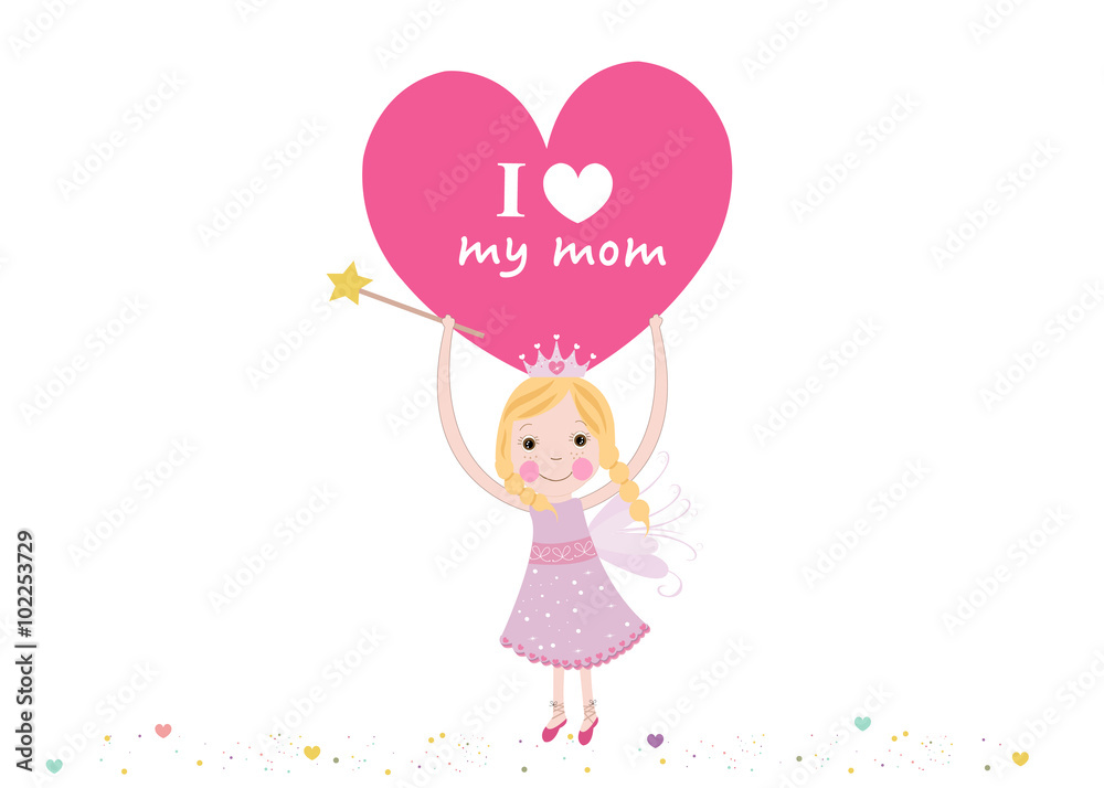 I love my mother writing fairy holding heart, mother's day greeting card vector