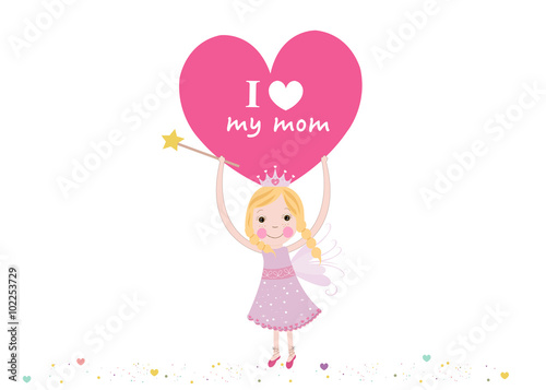 I love my mother writing fairy holding heart, mother's day greeting card vector