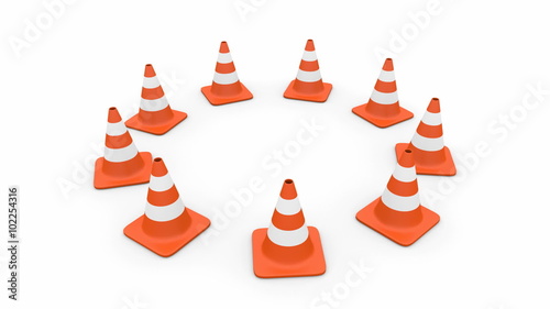 Rotation of the camera around nine traffic cones arranged in a circle
