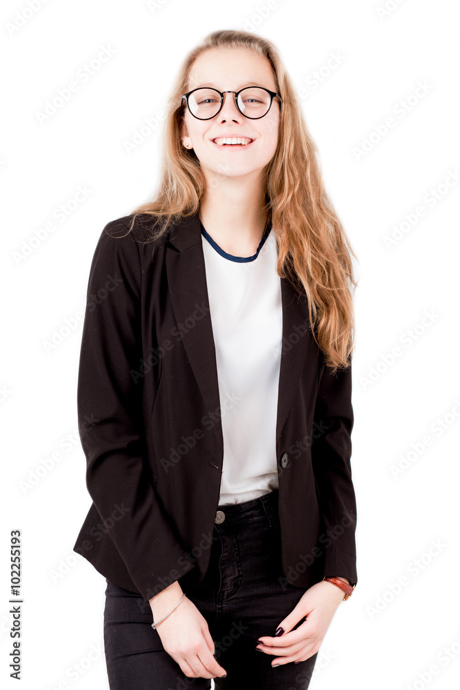 Smiling girl with black suit isolated Smiling girl with black suit isolated