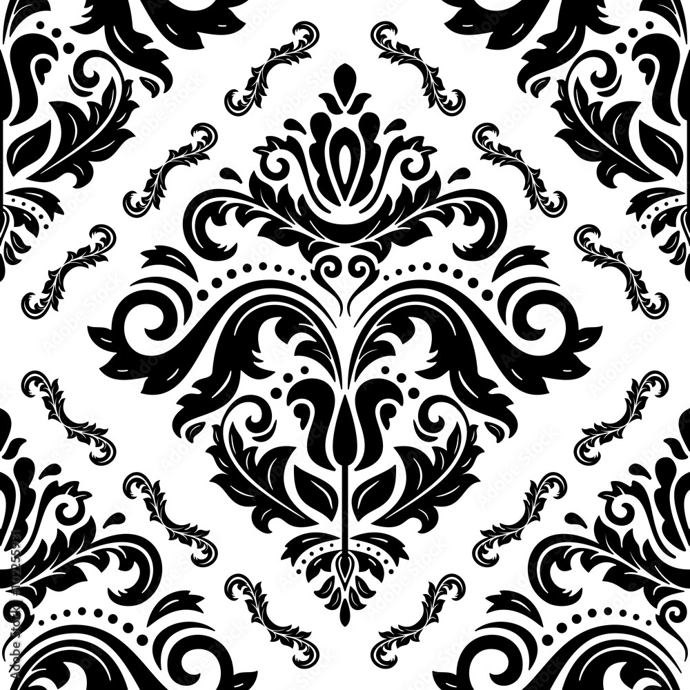 Damask seamless ornament. Traditional pattern. Classic oriental black and white background