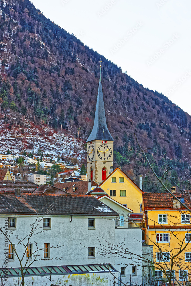 View to Church of St Martin and Alps in Chur