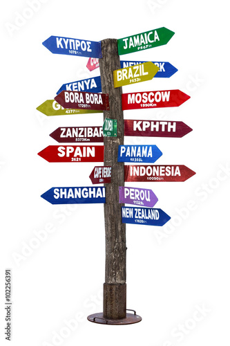 Signpost with Directions to Travel Destinations Isolated on White Background © SIAATH