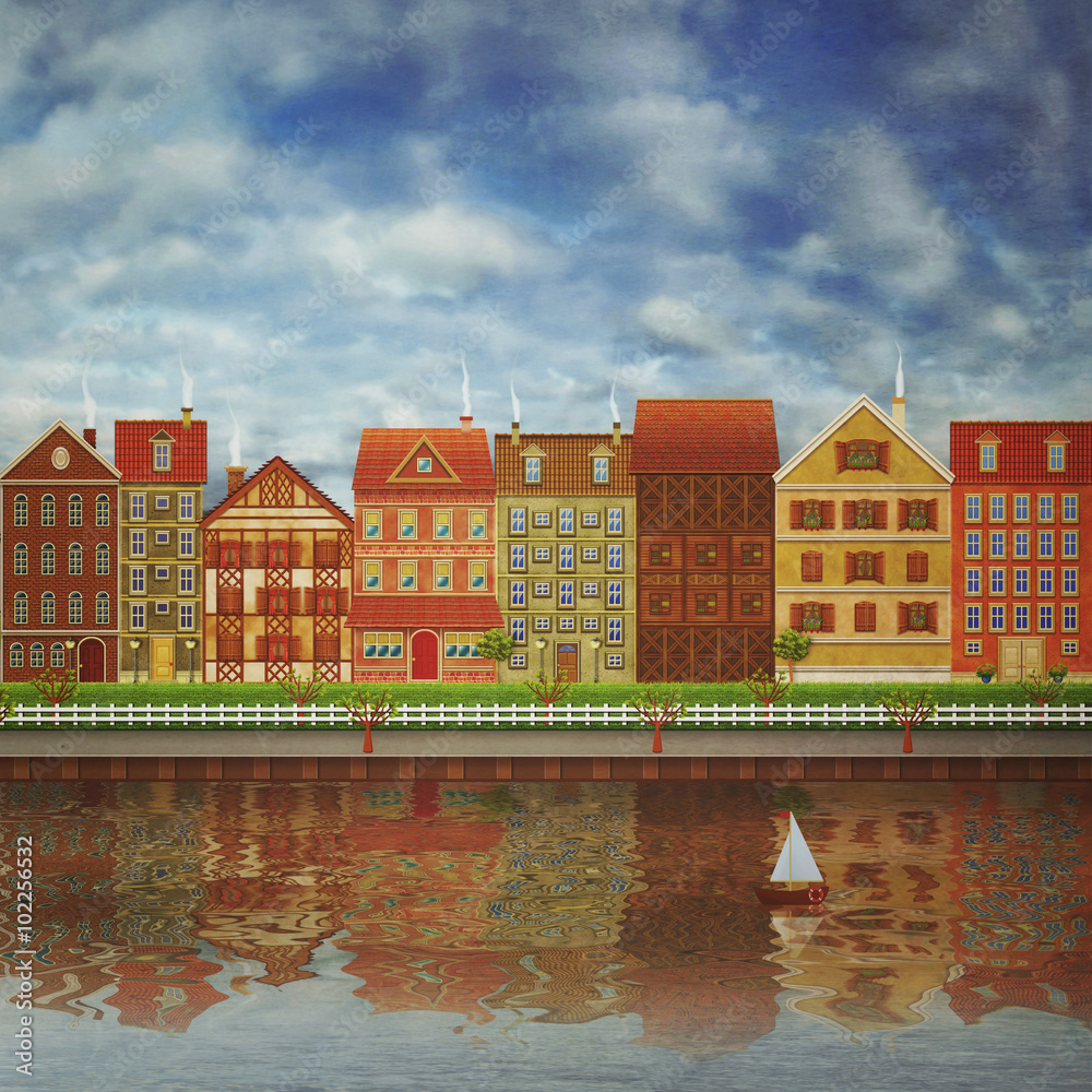 Obraz premium Illustration of a cute city on the river