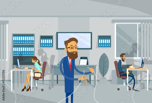 Business Man Holding Cable Office Connection Concept Vector Illustration