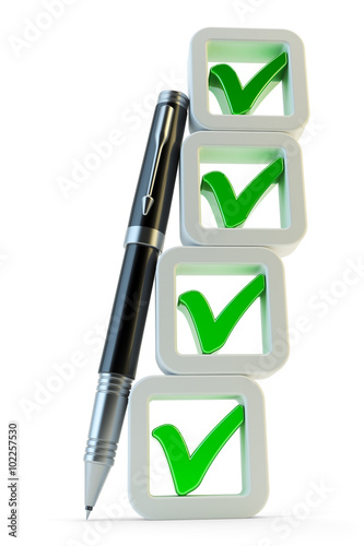 Checklist with checkboxes icon, column of green check marks and pen near it isolated on white