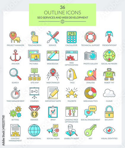 Set of modern Outline icons for SEO, Web development,  App development, WEB optimization, Internet security. Use them for your business.