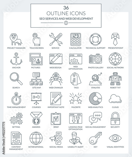 Set of modern Outline icons for SEO, Web development,  App development, WEB optimization, Internet security. Use them for your business.