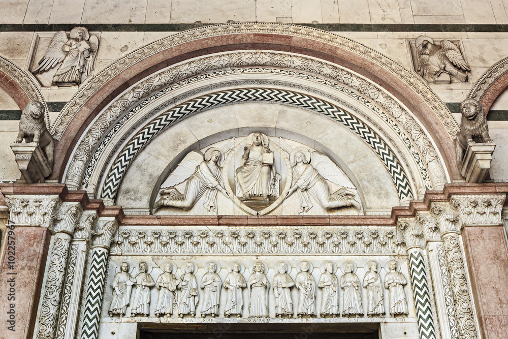 Tympanum of the portal of the church of San Martino, Lucca, Tuscany, Italy