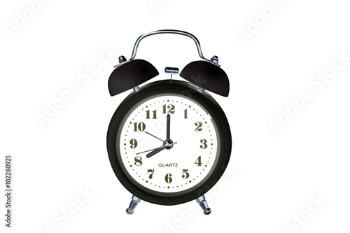 Black classic alarm clock on white background