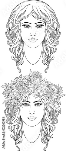 coloring page of two girl's portraits