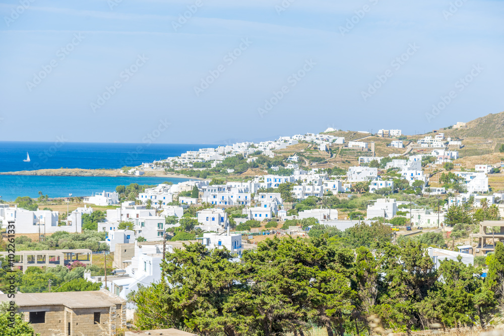 Panoramic view of Mykonos island during summer. Cyclades, Greece