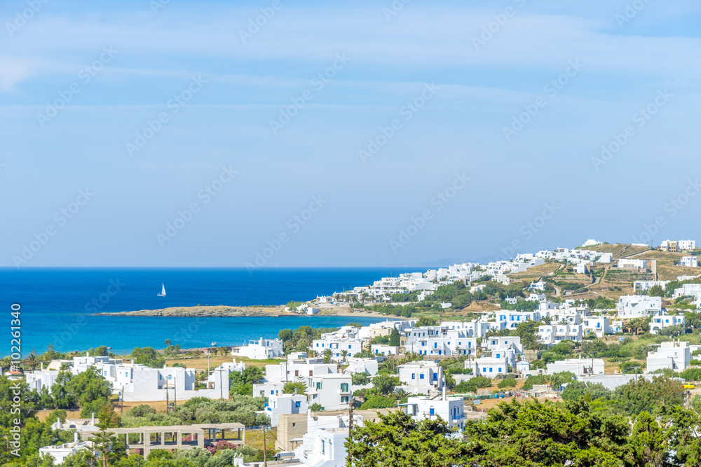 Panoramic view of Mykonos island during summer. Cyclades, Greece
