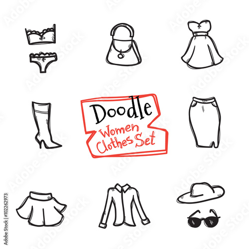 Vector doodle style women clothes icons set. Hand drawn collection of fashion objects