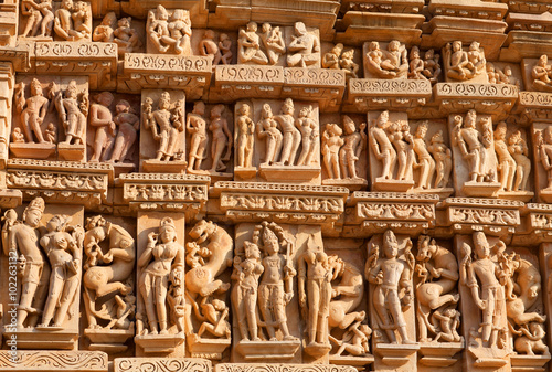 Famous erotic bas-relief at temple in Khajuraho, India