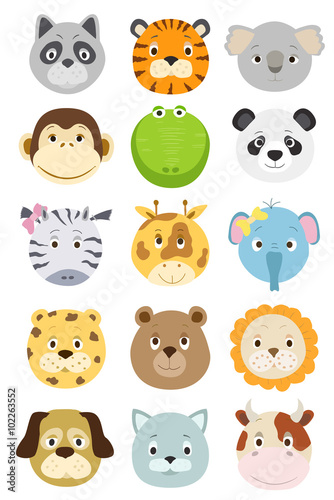 Fototapeta Naklejka Na Ścianę i Meble -  cute cartoon animals faces set. vector illustration