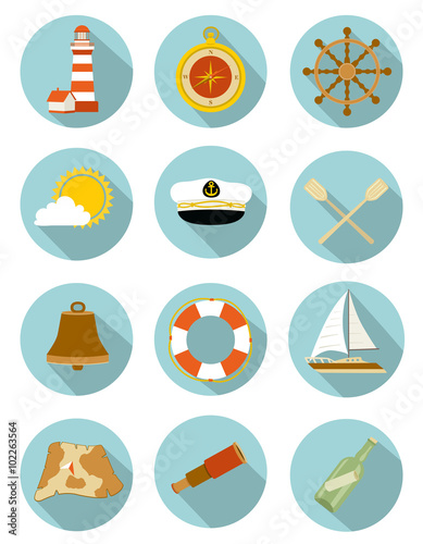set of nautical icons with shadow. vector illustration