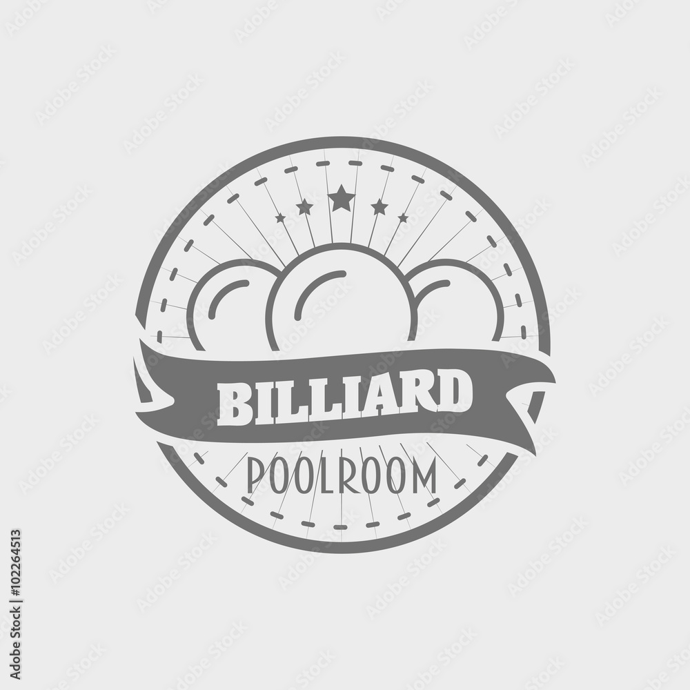 Billiard icons with crossed cues behind a balls, with ribbon banners and text Billiard Billiard icons with crossed cues behind a balls, with ribbon banners and text Billiard