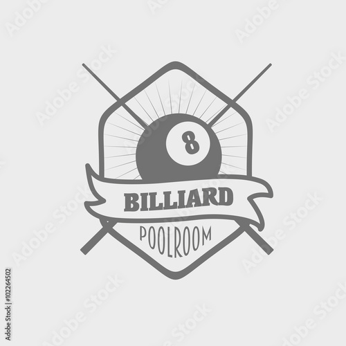 Billiard icons with crossed cues behind a balls, with ribbon banners and text Billiard