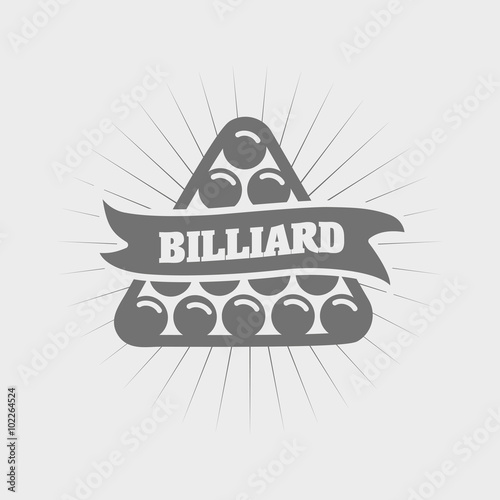 Billiard icons with crossed cues behind a balls, with ribbon banners and text Billiard