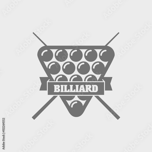 Billiard icons with crossed cues behind a balls, with ribbon banners and text Billiard