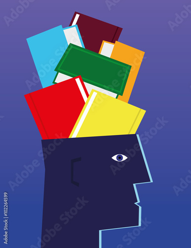 Stylized human head in profile with various hardback books and textbooks crammed into the brain cavity