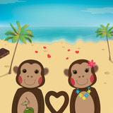 Valentines day card with romantic couple monkeys. Summer background. Beautiful Monkey. Vector illustration