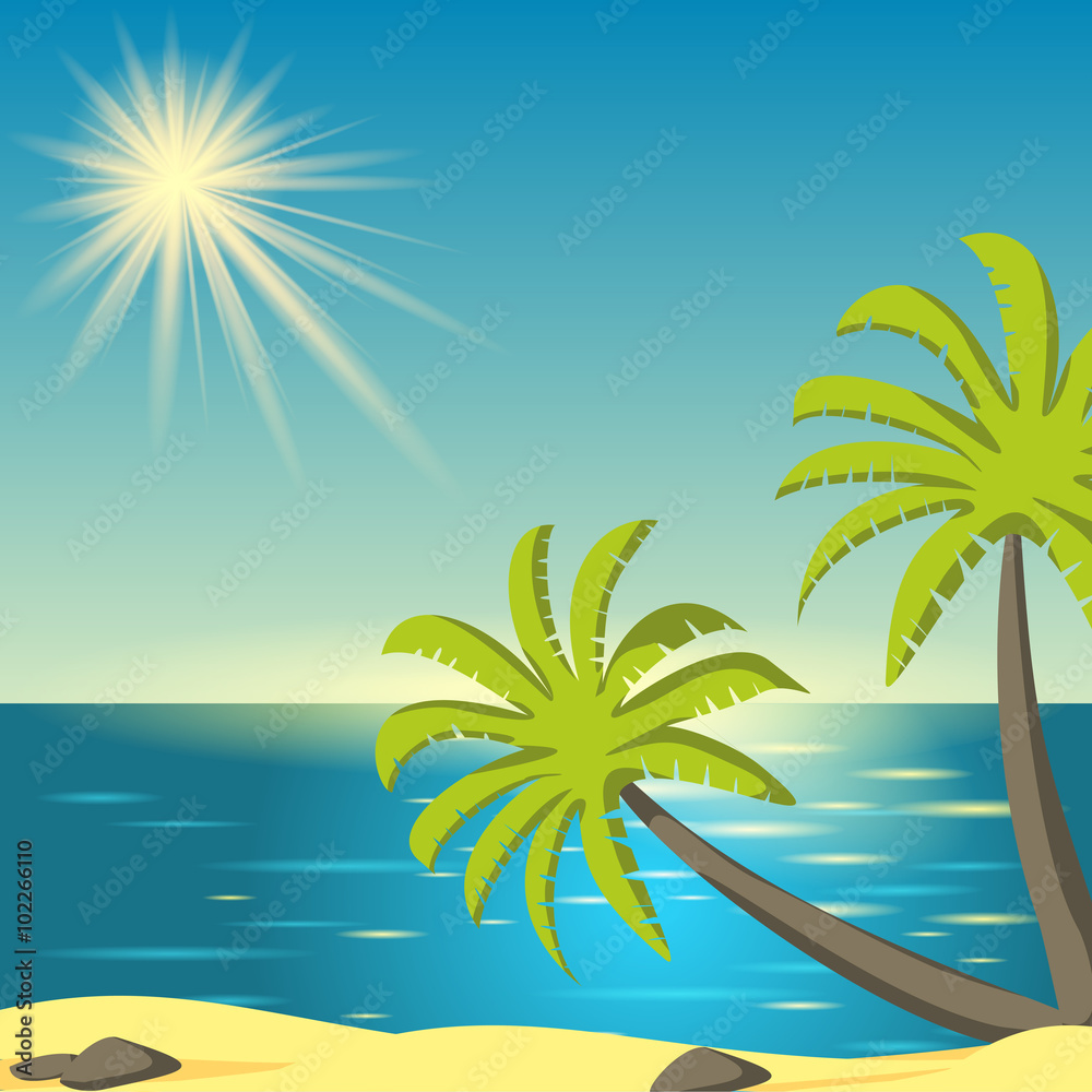 Vector illustration with sea sunset with island and palm trees.