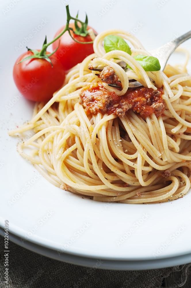 Italian pasta bolognese with meat and tomato